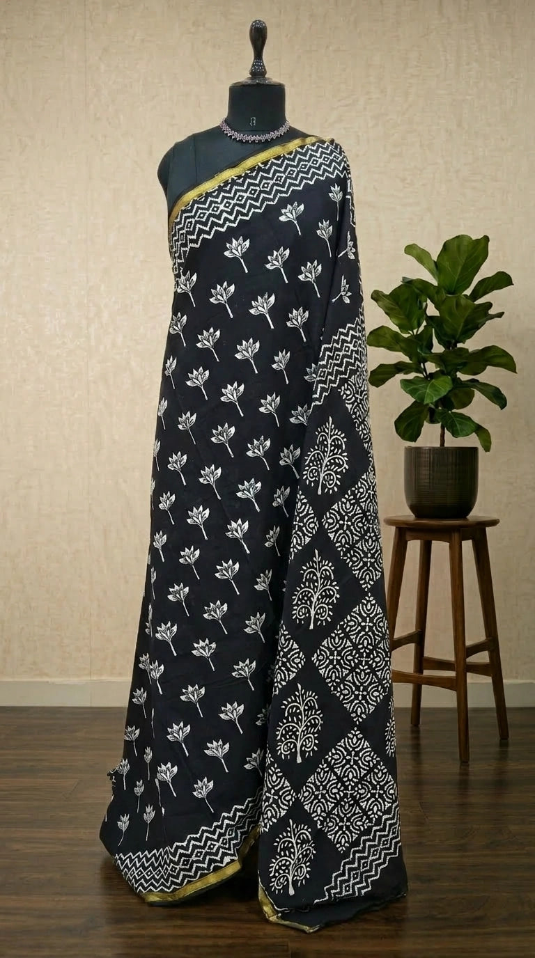 Black mulmul zari cotton saree