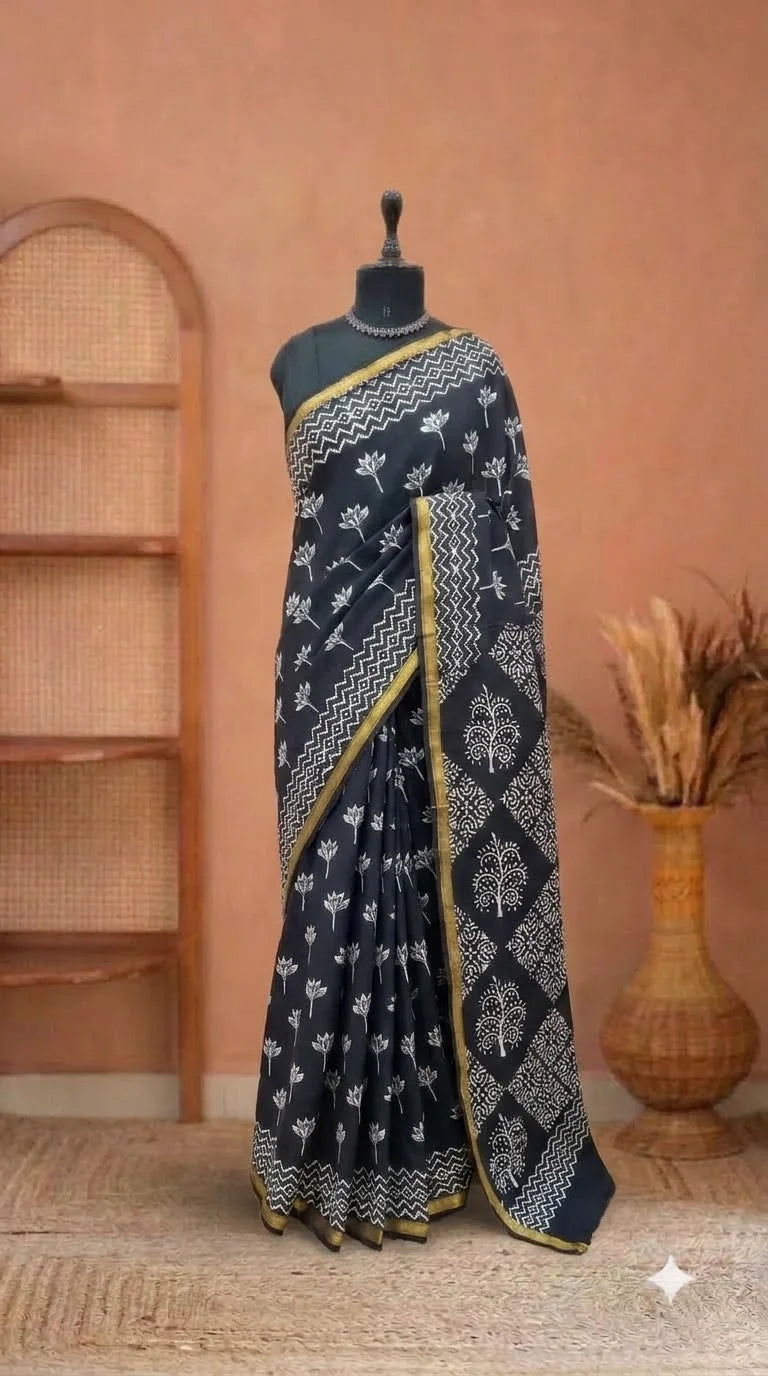 Black mulmul zari cotton saree