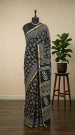 Traditional black mulmul zari cotton saree