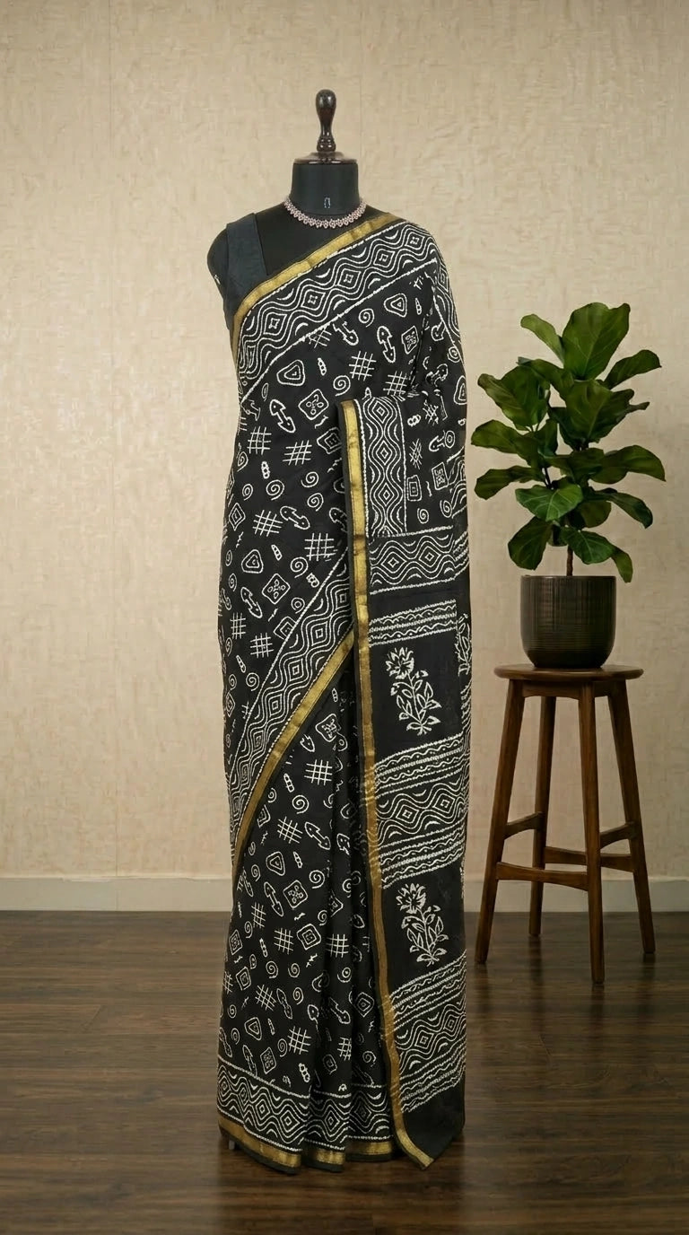 Traditional black mulmul zari cotton saree