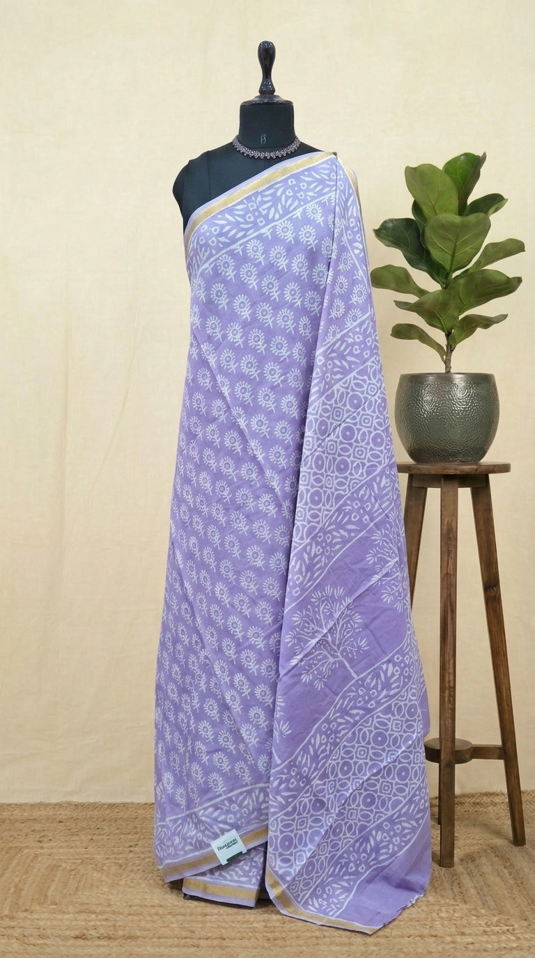 Lavender mulmul zari cotton saree