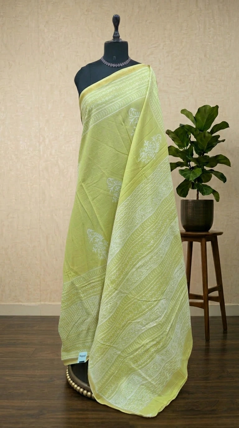 Light yellow mulmul zari cotton saree