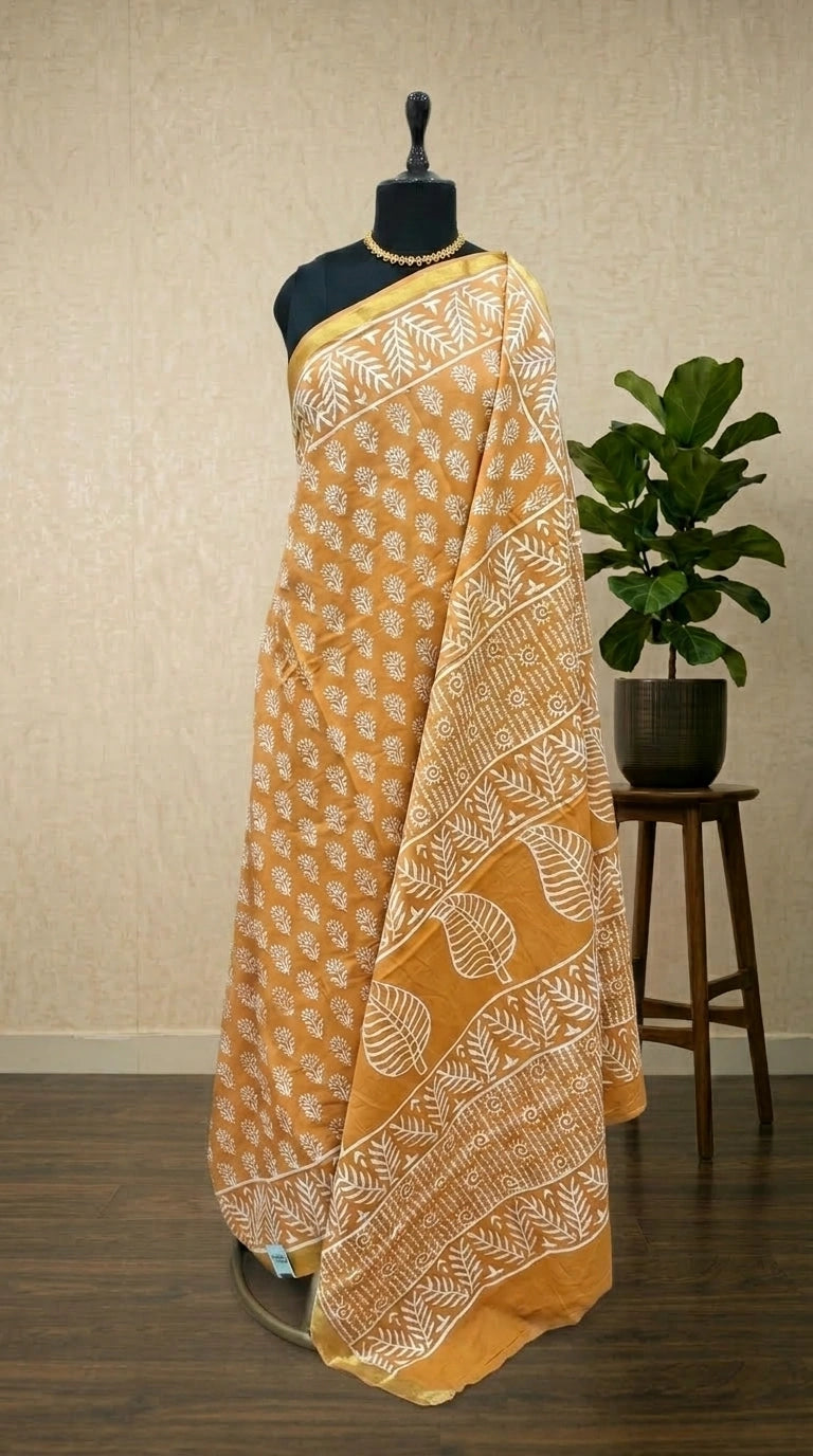 Mustard yellow mulmul zari cotton saree