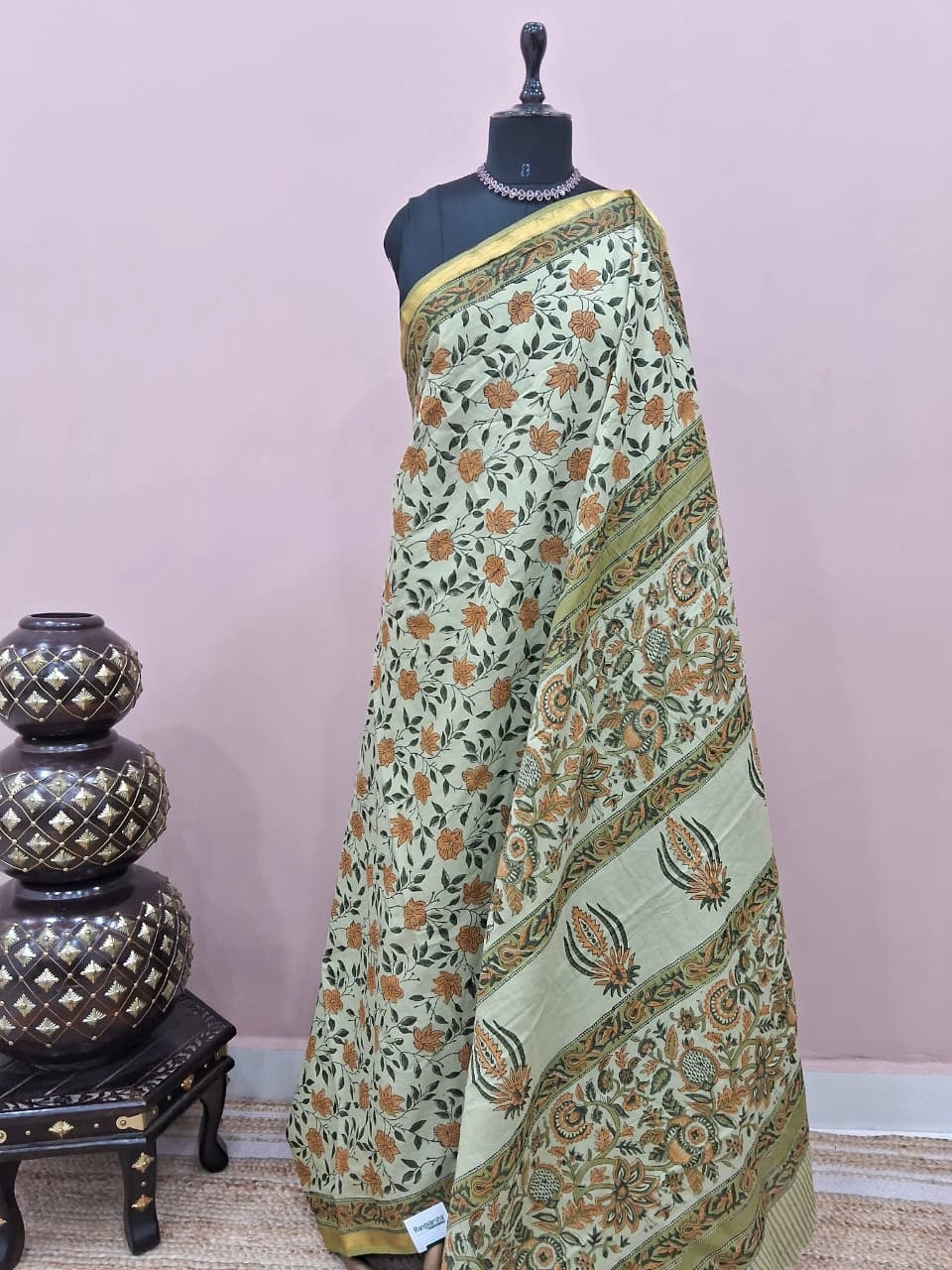 Pista green mulmul zari cotton saree
