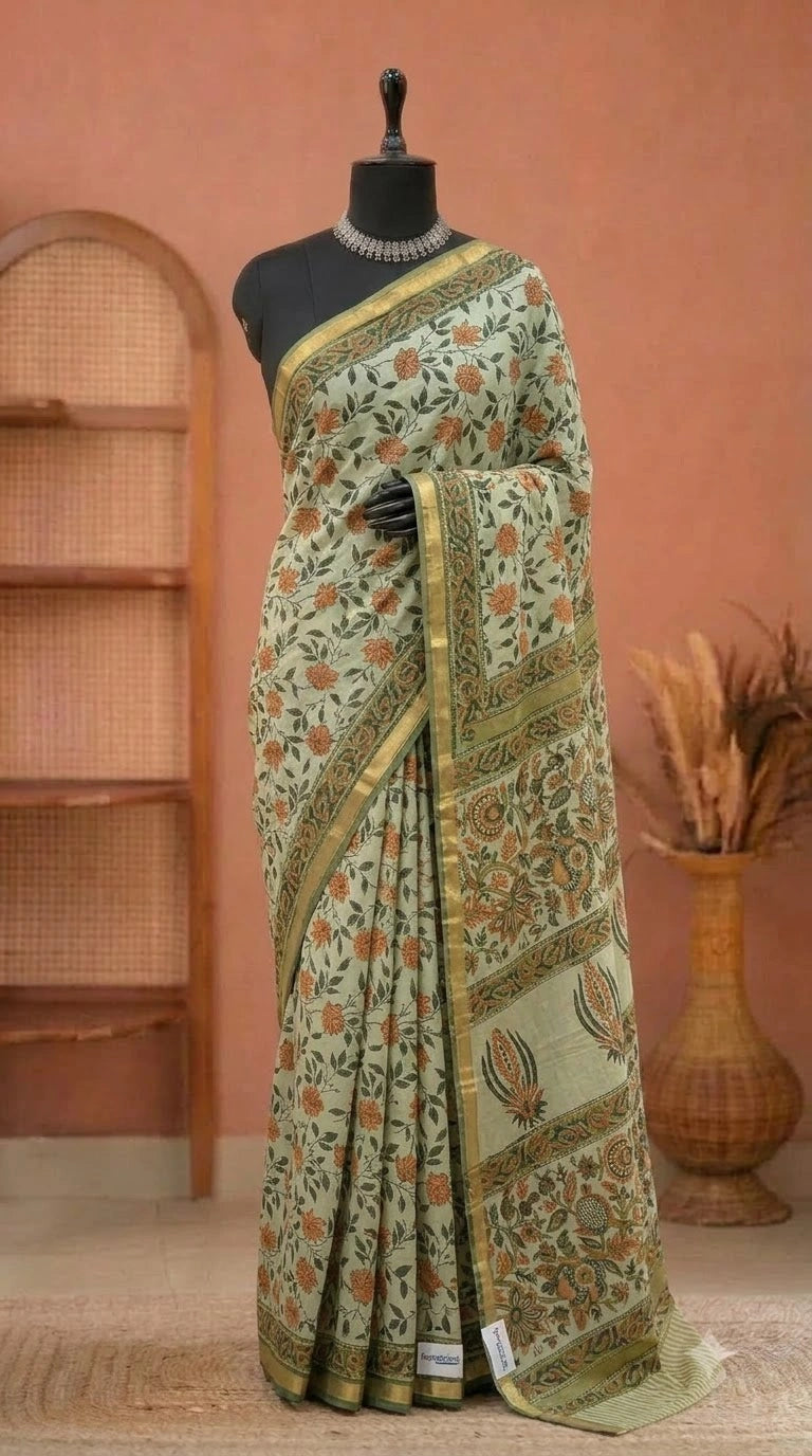 Pista green mulmul zari cotton saree