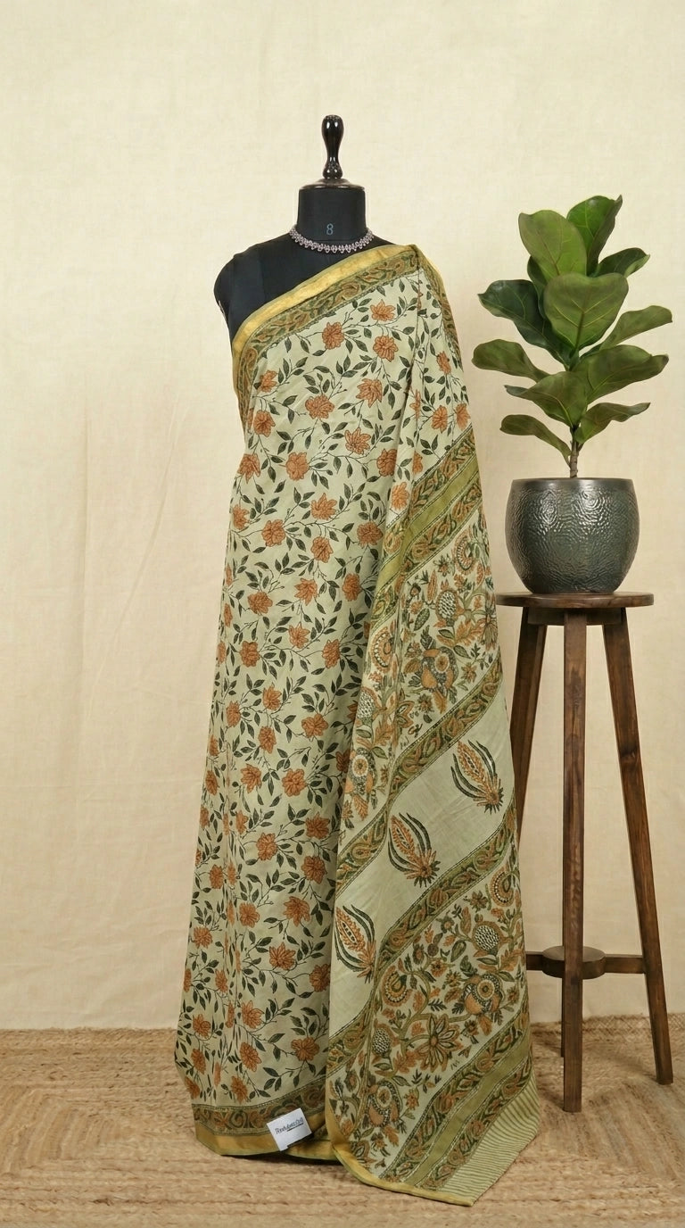 Pista green mulmul zari cotton saree