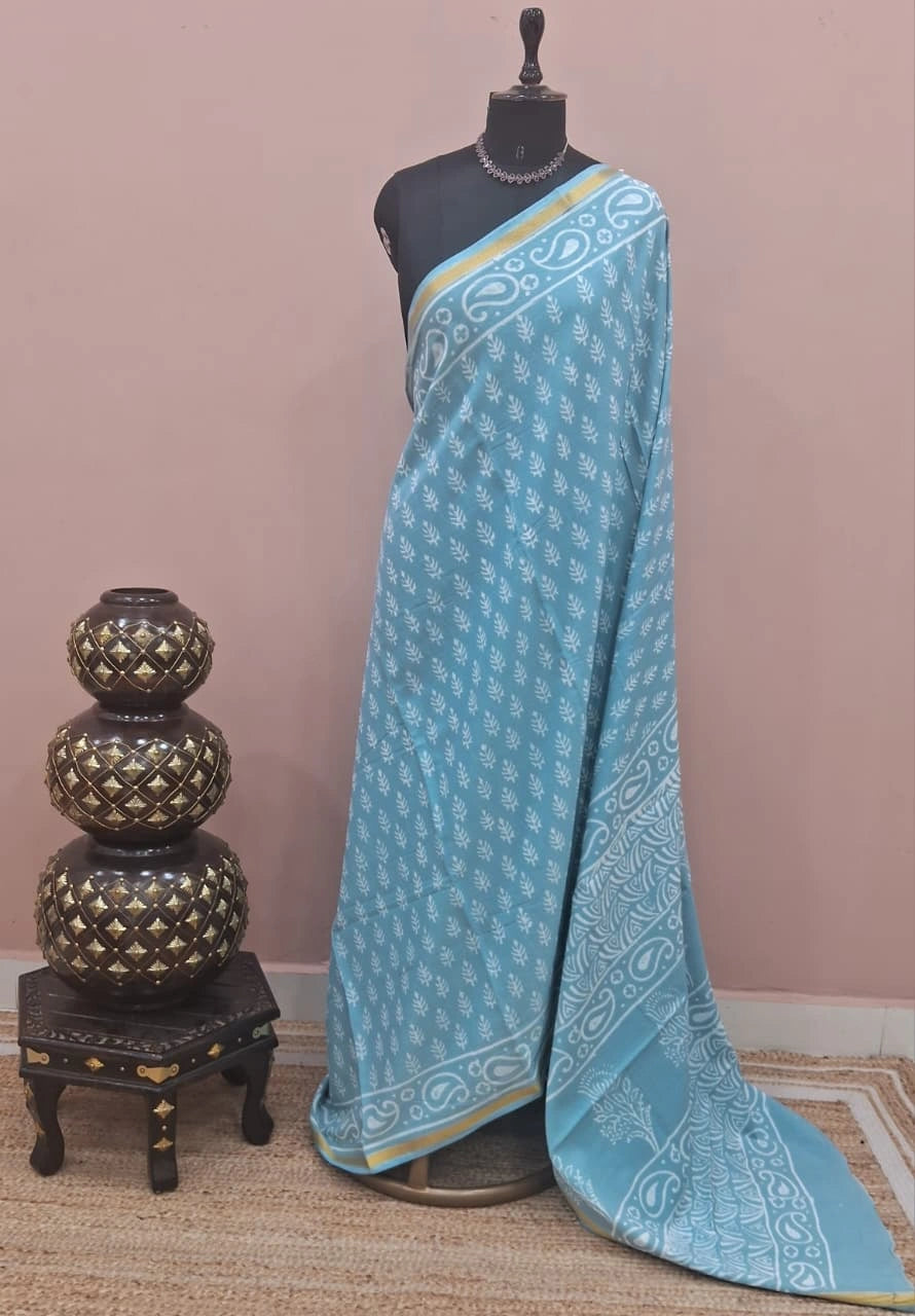 Sky Blue Mulmul Zari Cotton Saree