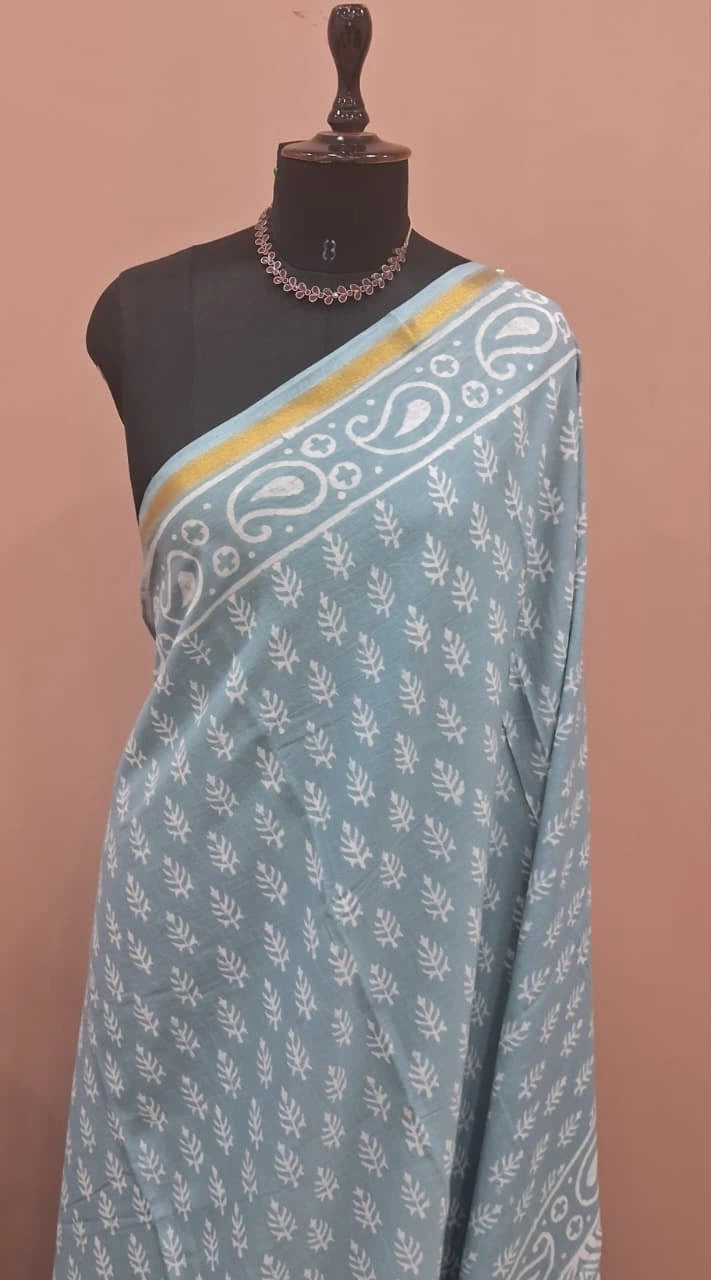 Sky Blue Mulmul Zari Cotton Saree 1