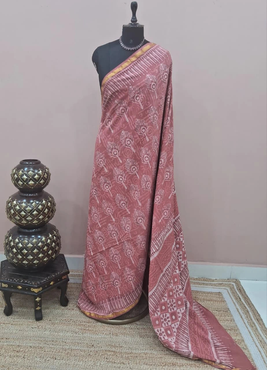 Light Peach Mulmul Zari Cotton Saree