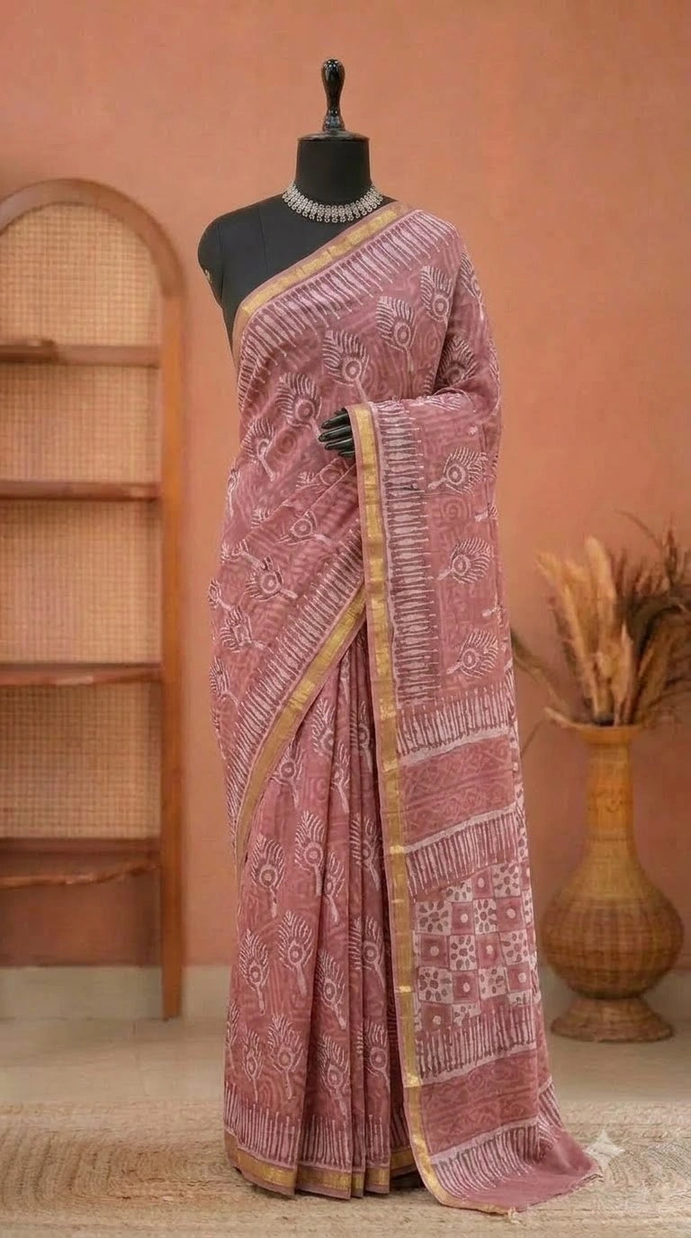 Light Peach Mulmul Zari Cotton Saree