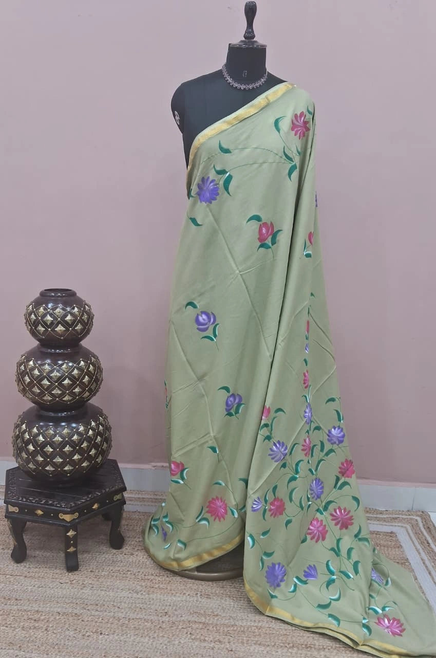 Pista Green Mulmul Zari Cotton Saree