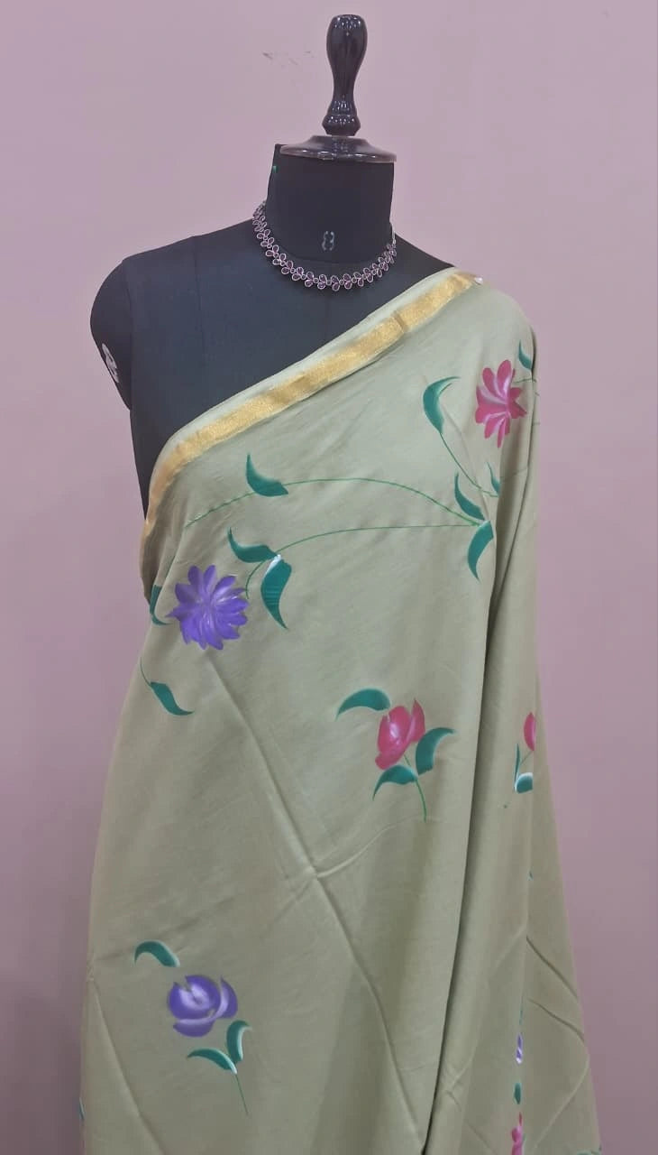 Pista Green Mulmul Zari Cotton Saree 1