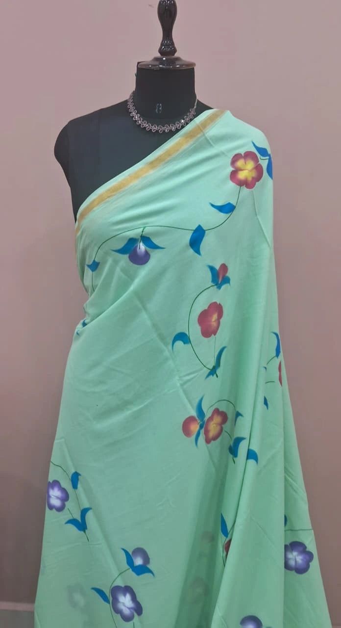 Mint Green Mulmul Zari Cotton Saree 1