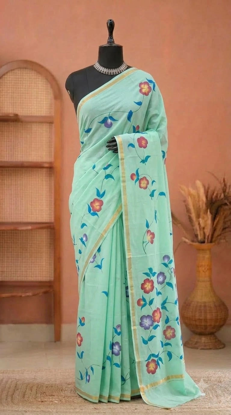 Mint Green Mulmul Zari Cotton Saree