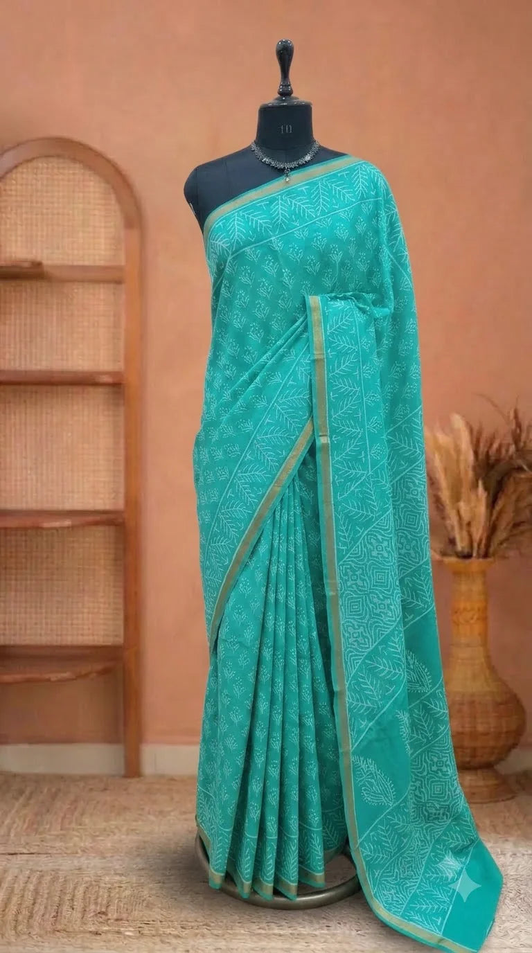 Aqua Green Mulmul Zari Cotton Saree