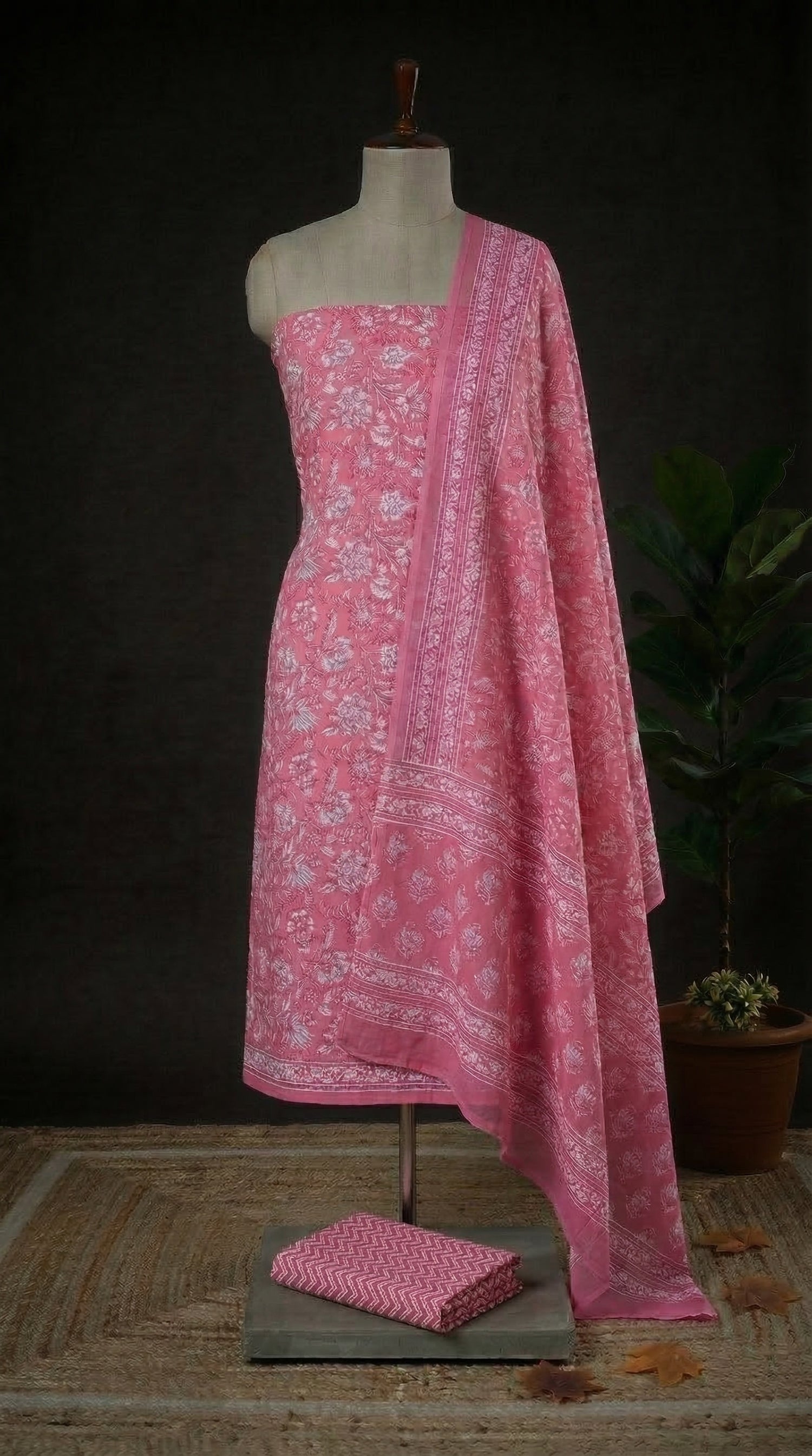 Coral Pink with White flower printed cotton dress material