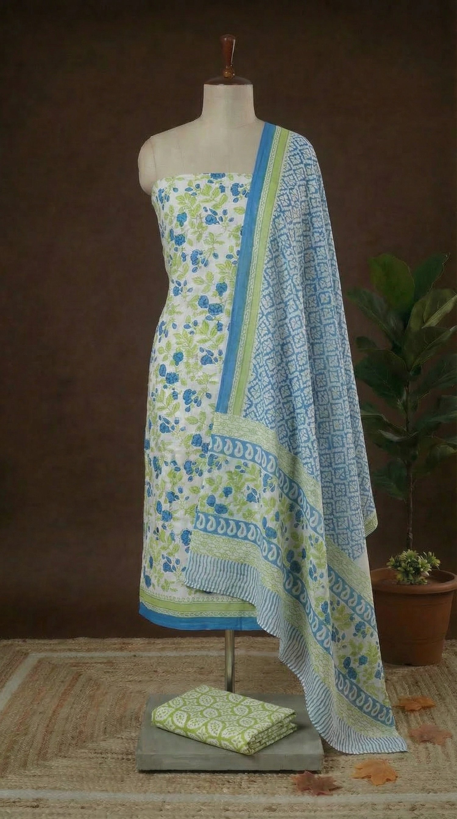 White with Light Green and Blue flower printed cotton top