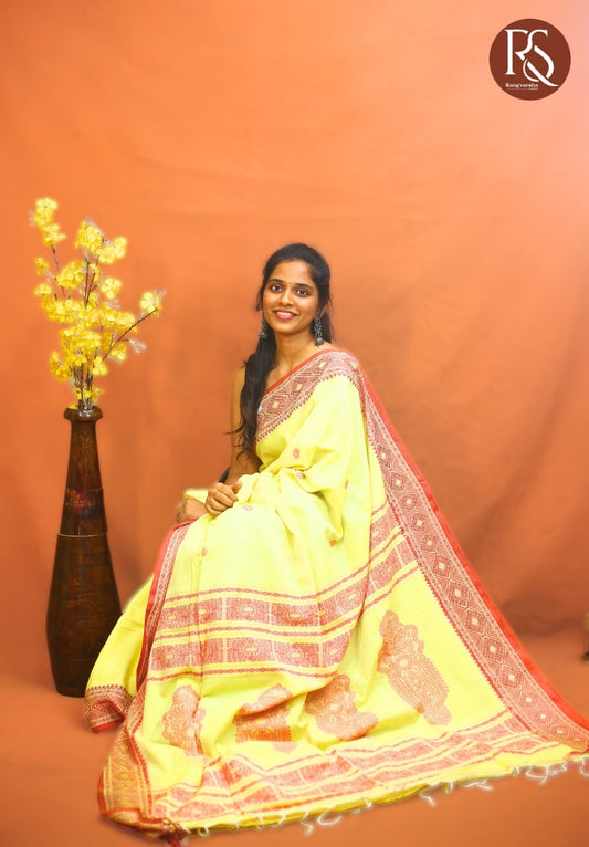 Lemon Yellow khadi cotton Saree