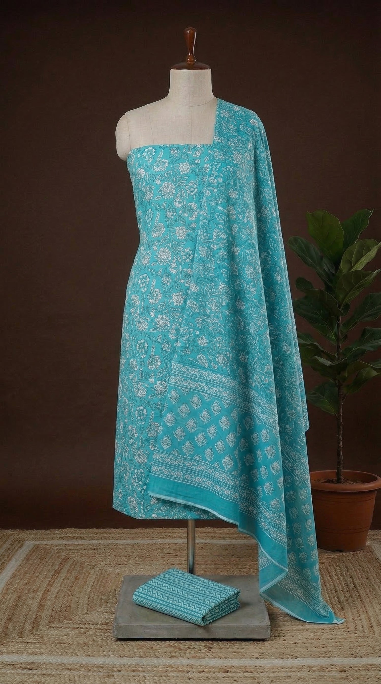 Sky Blue with White flower printed pure cotton dress material