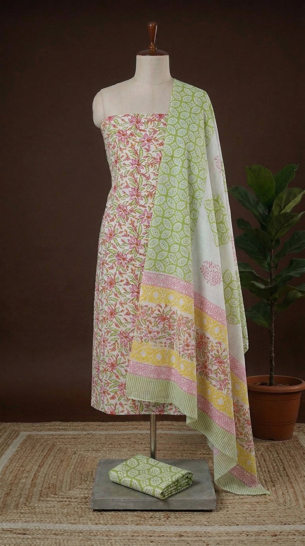 White Pure Cotton Dress Material with Green & Pink Floral Print