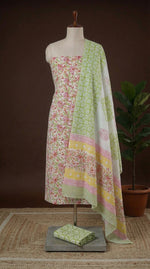 White Pure Cotton Dress Material with Green & Pink Floral Print
