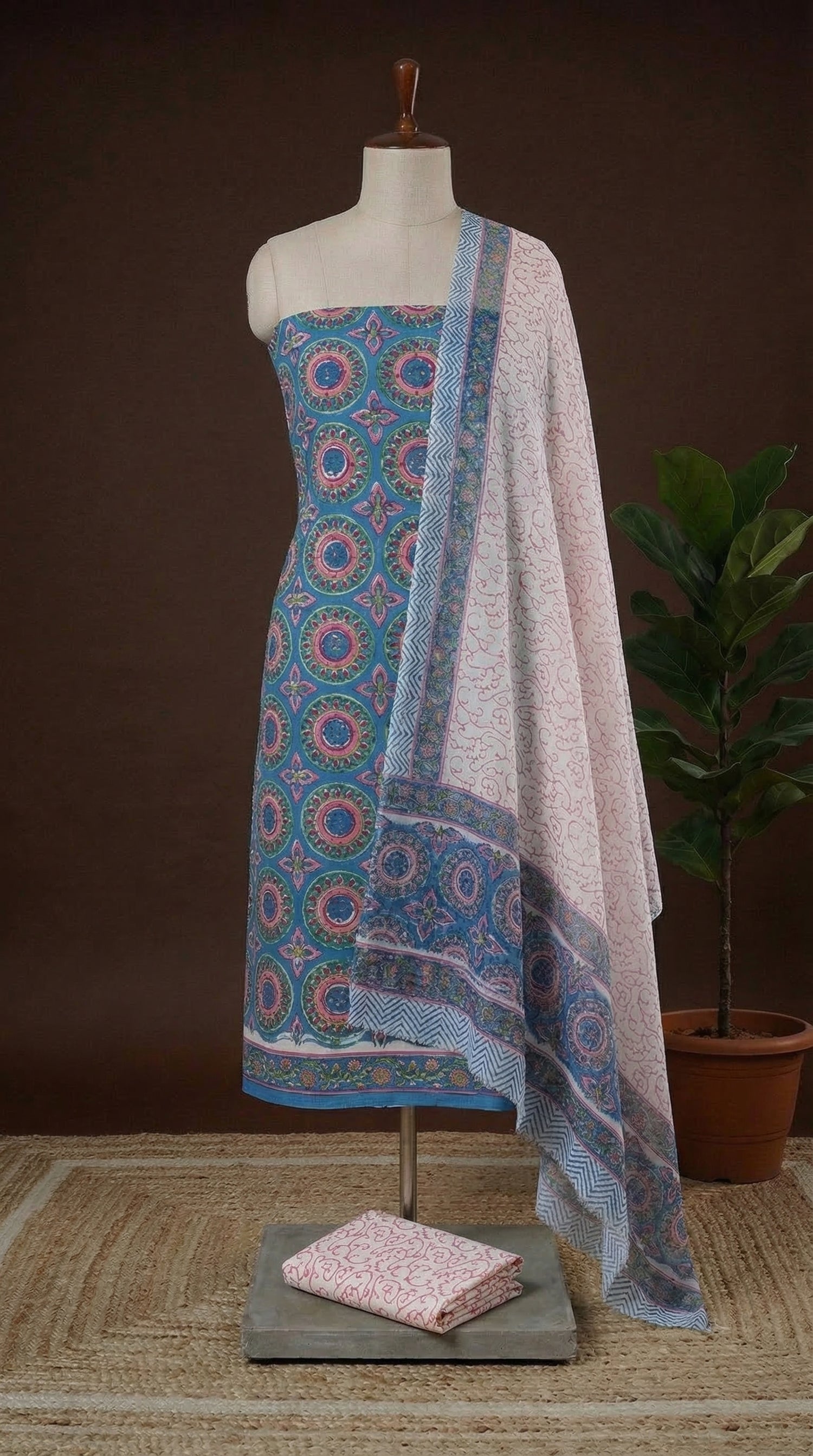 Teal Blue with Green, Red ajrakh printed cotton dress material