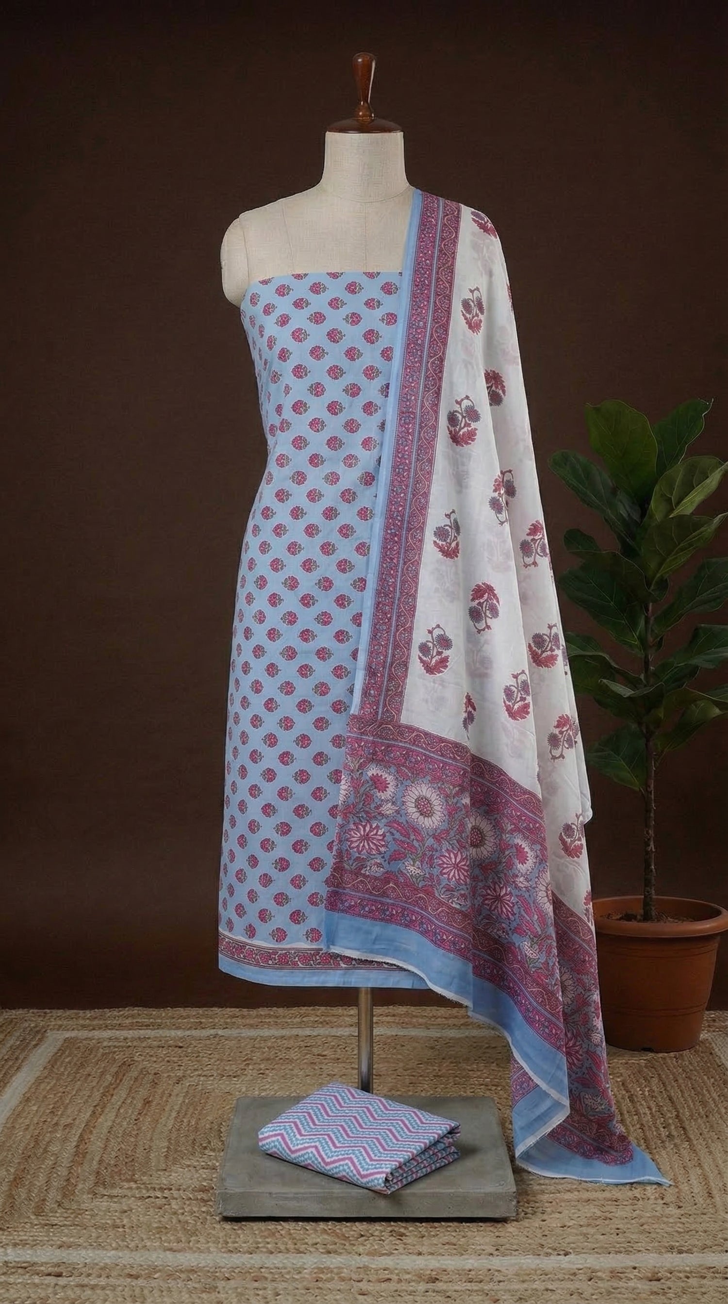 Baby Blue with Pink cotton dress material