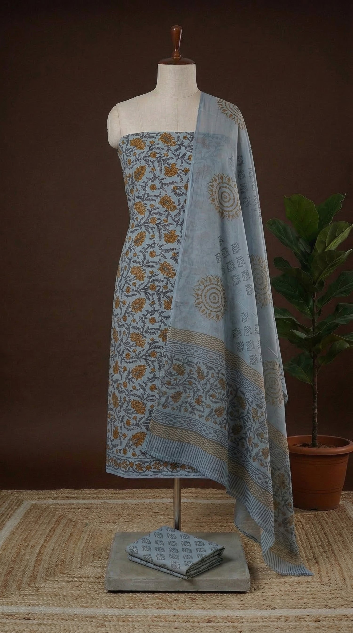 Grey with light orange flower printed cotton dress material