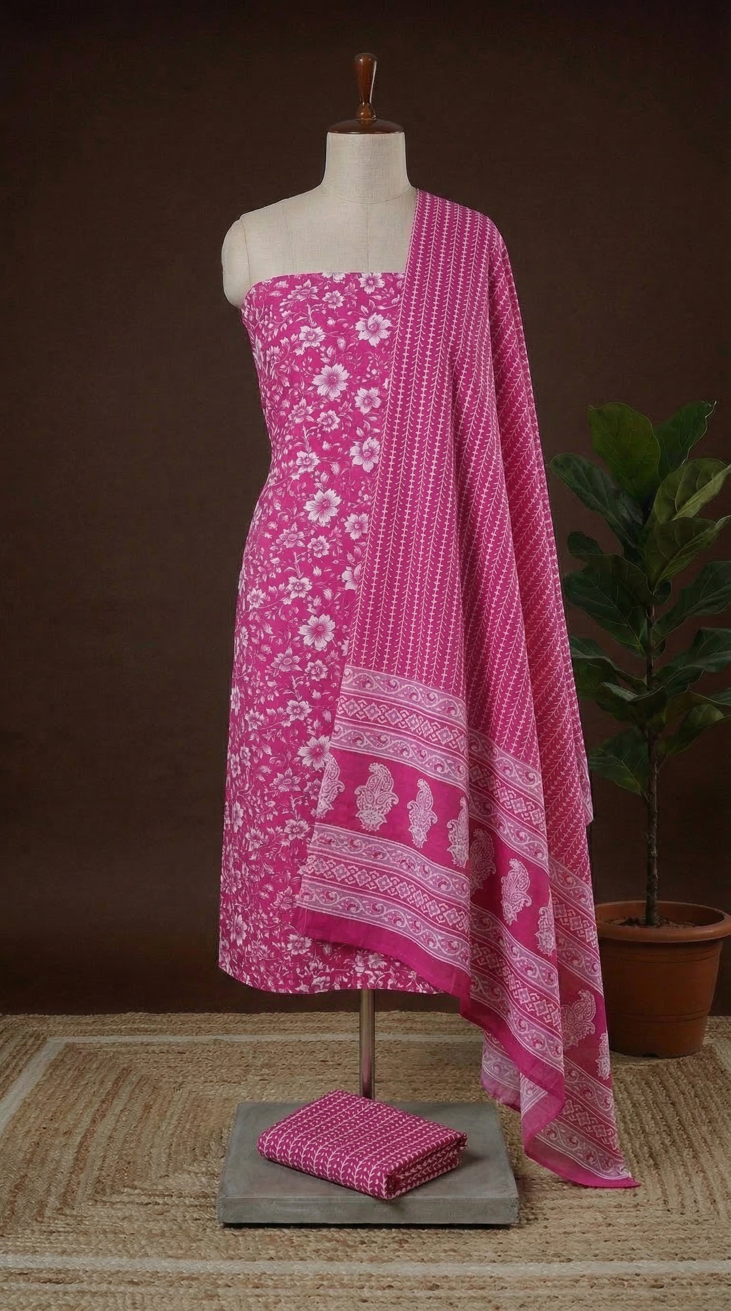 Pink with White flower printed cotton dress material