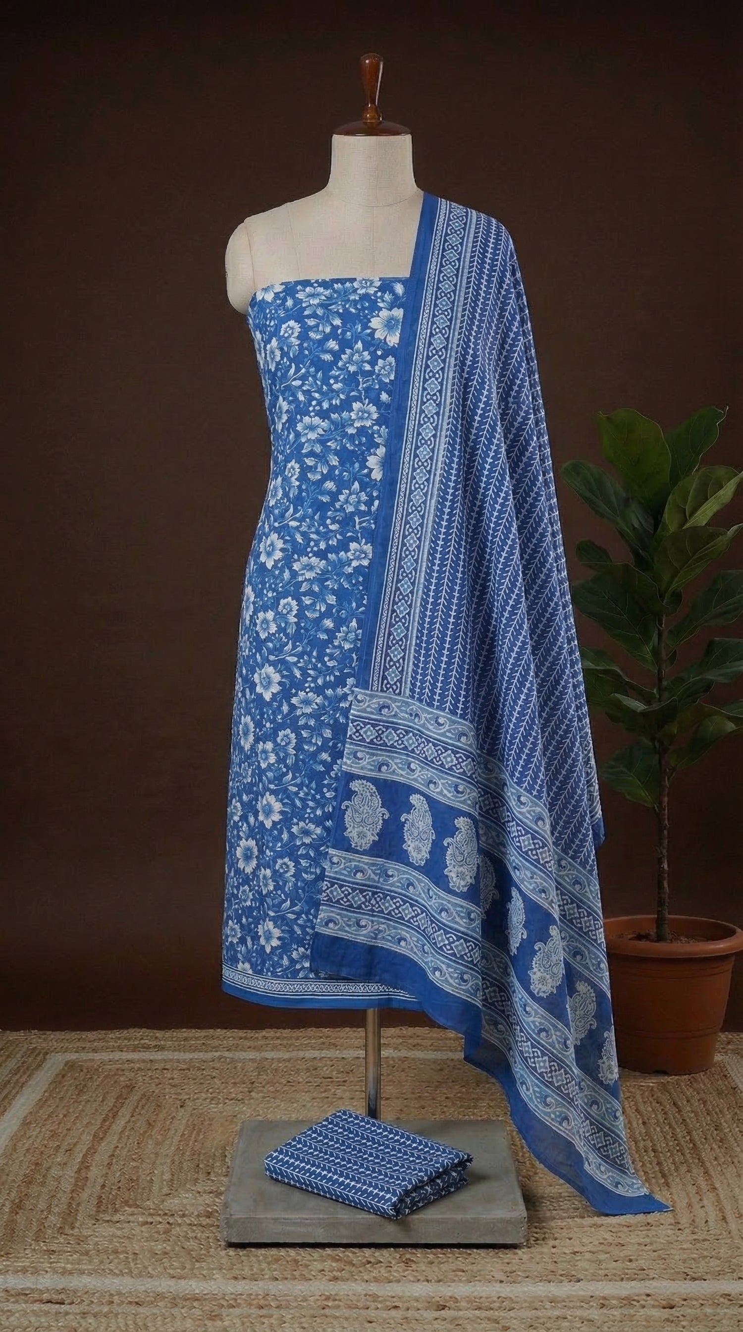 Blue with White flower printed cotton dress material