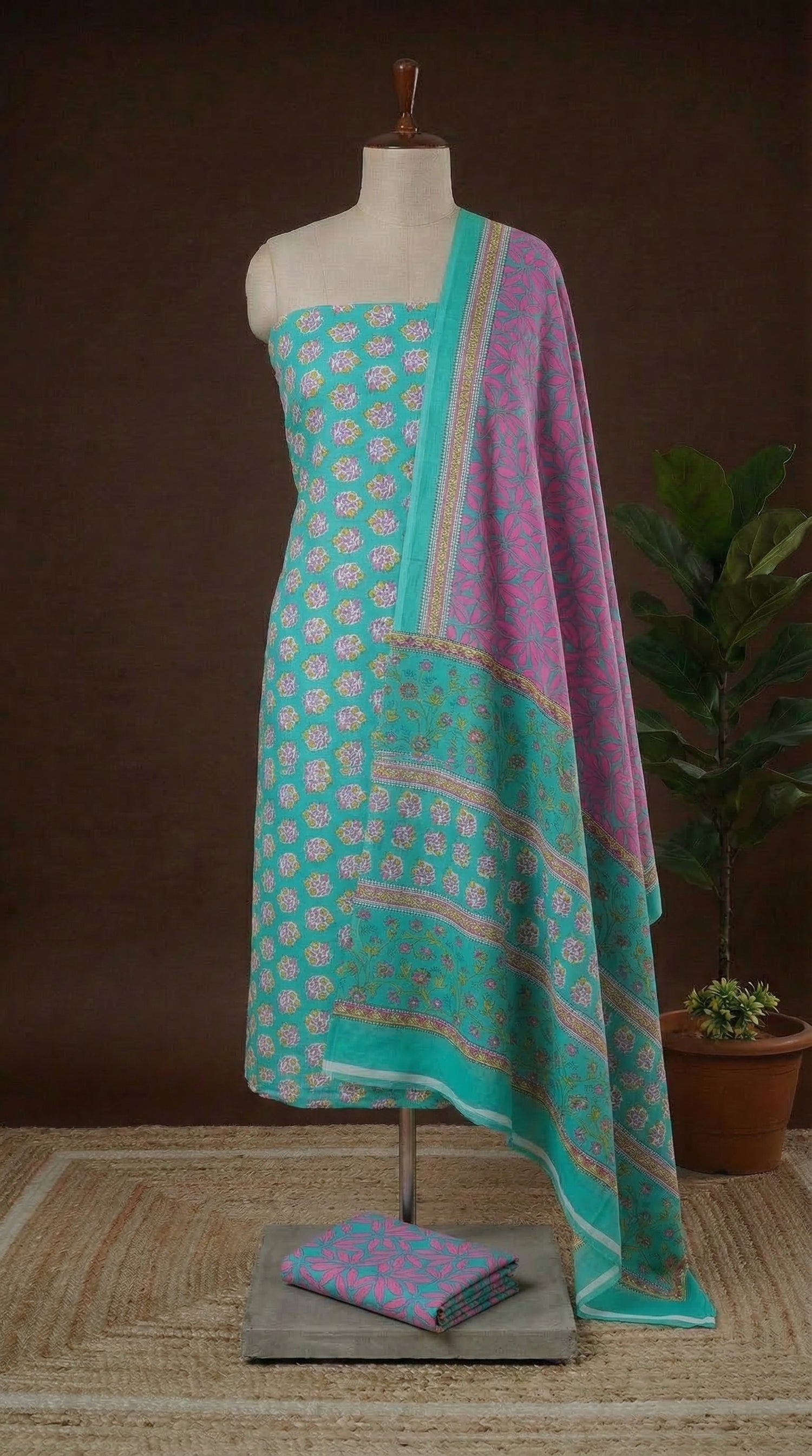 Rama Green with Raspberry Pink Yellow-flower-printed cotton dress material