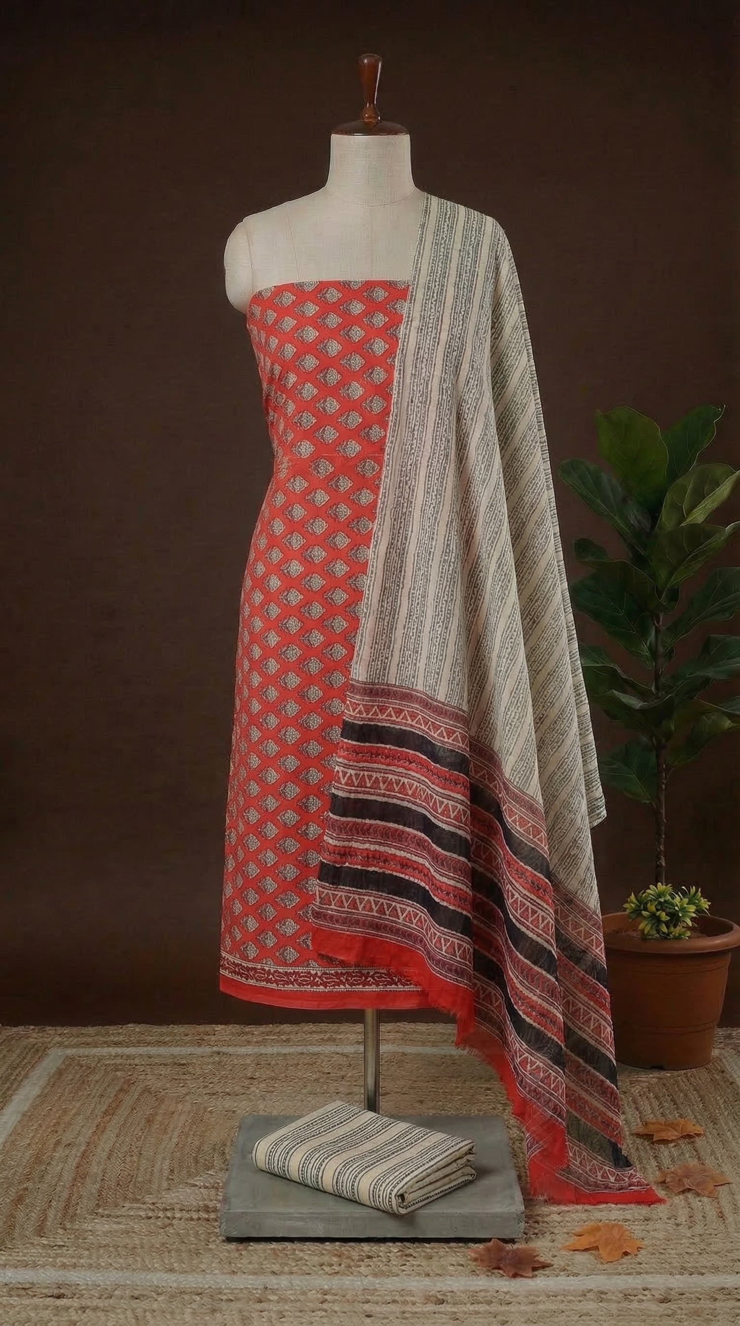 Fire Red with Black flower printed cotton dress material