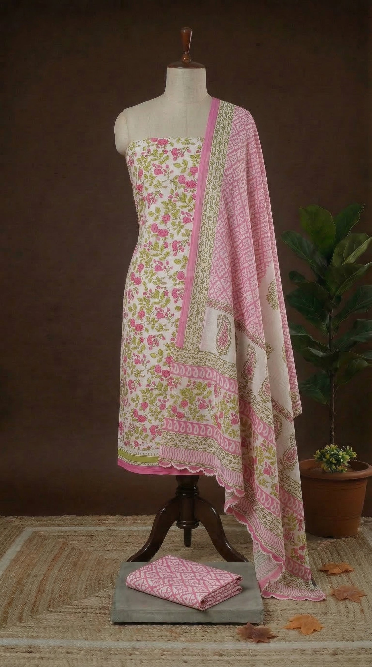 White with Pink and Green flower printed cotton dress material