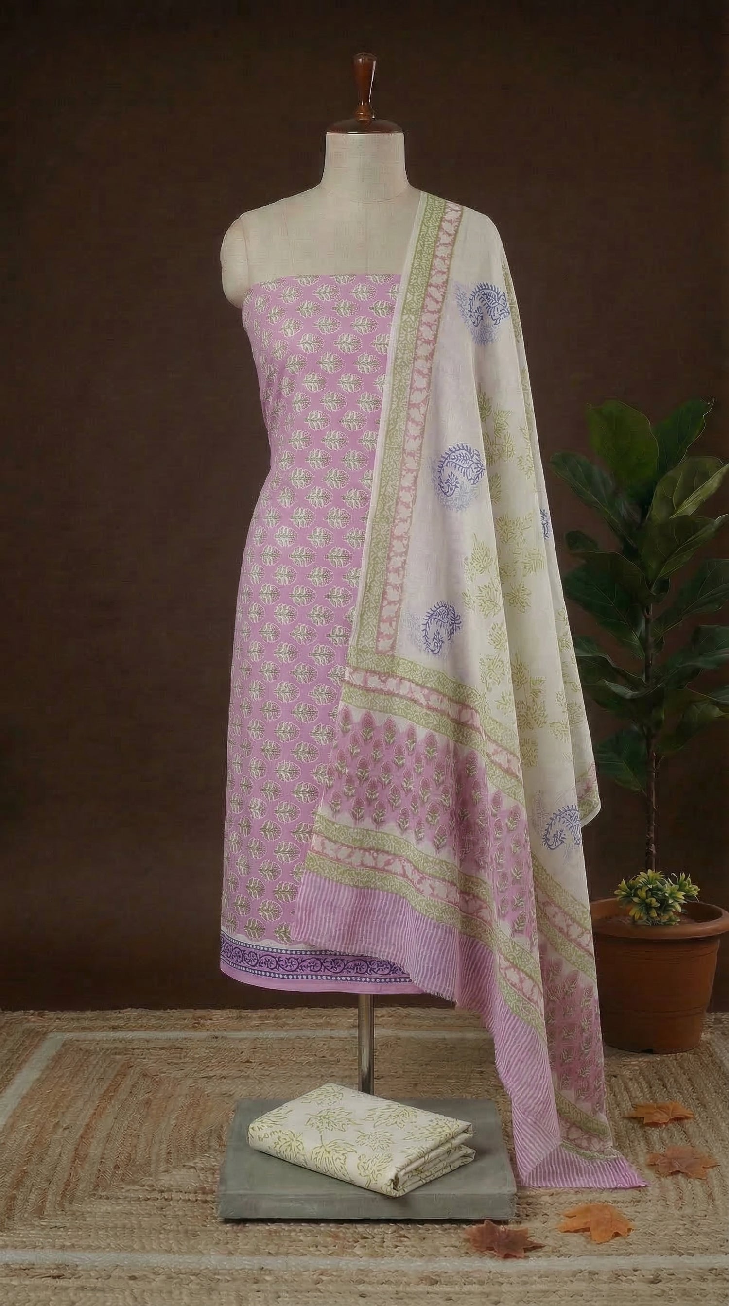 Lavender with pink floral printed cotton dress material