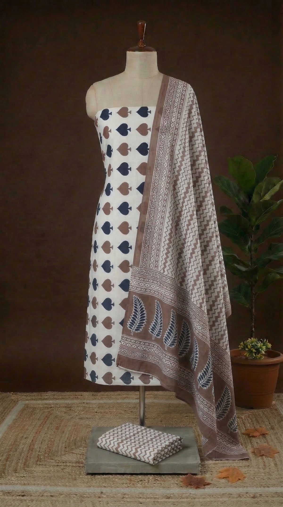 White with Beige and Black spade printed cotton dress material