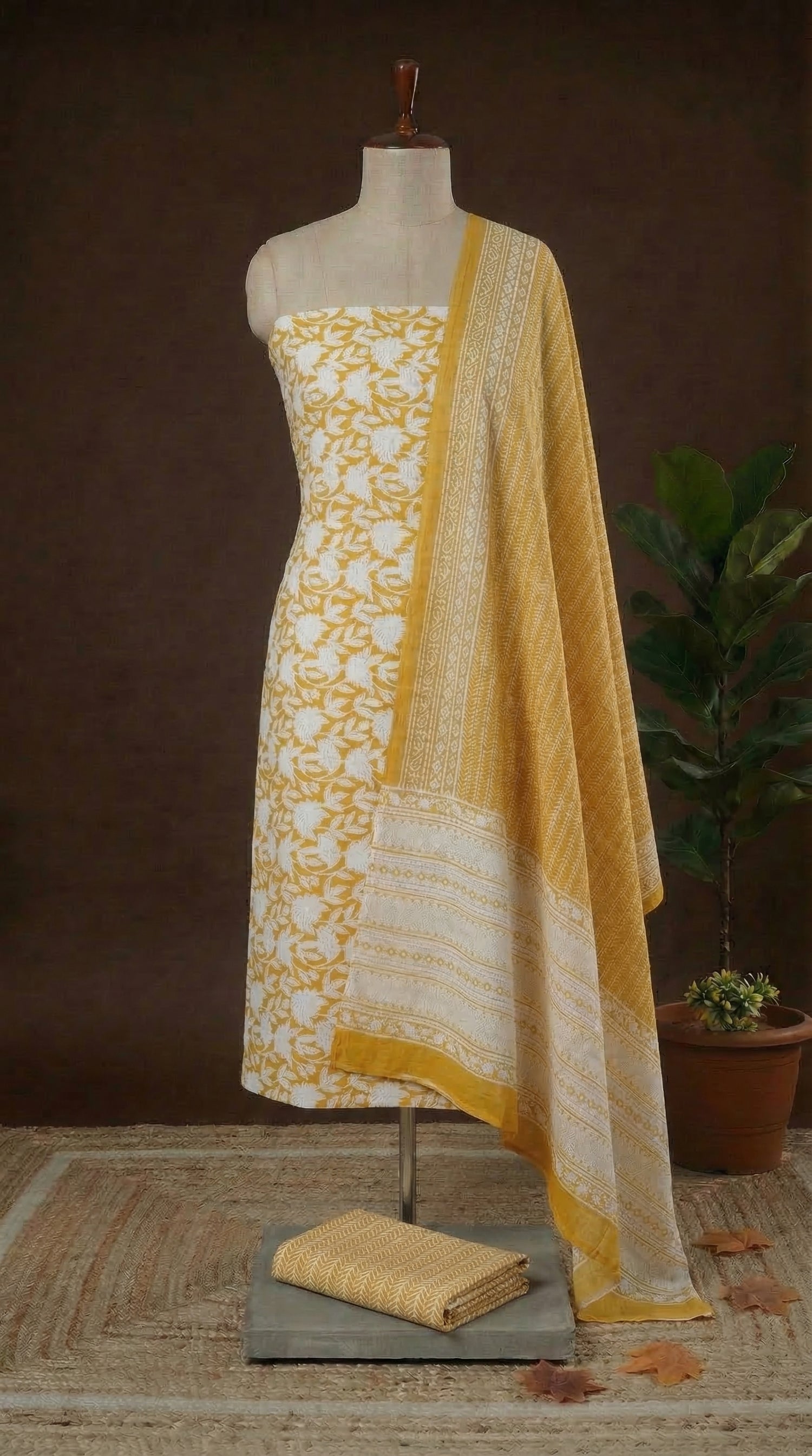 Mango Yellow with White flower printed cotton dress material