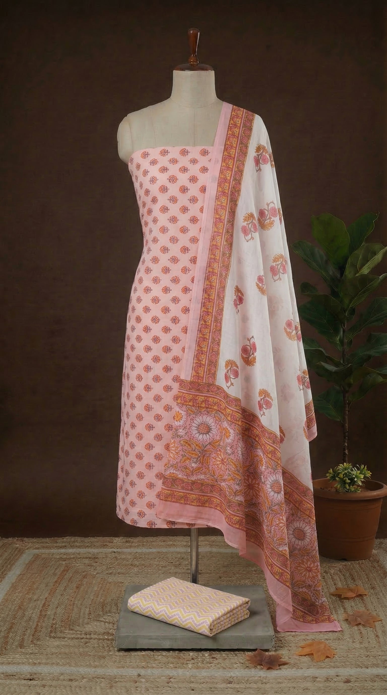 Peach cotton dress material