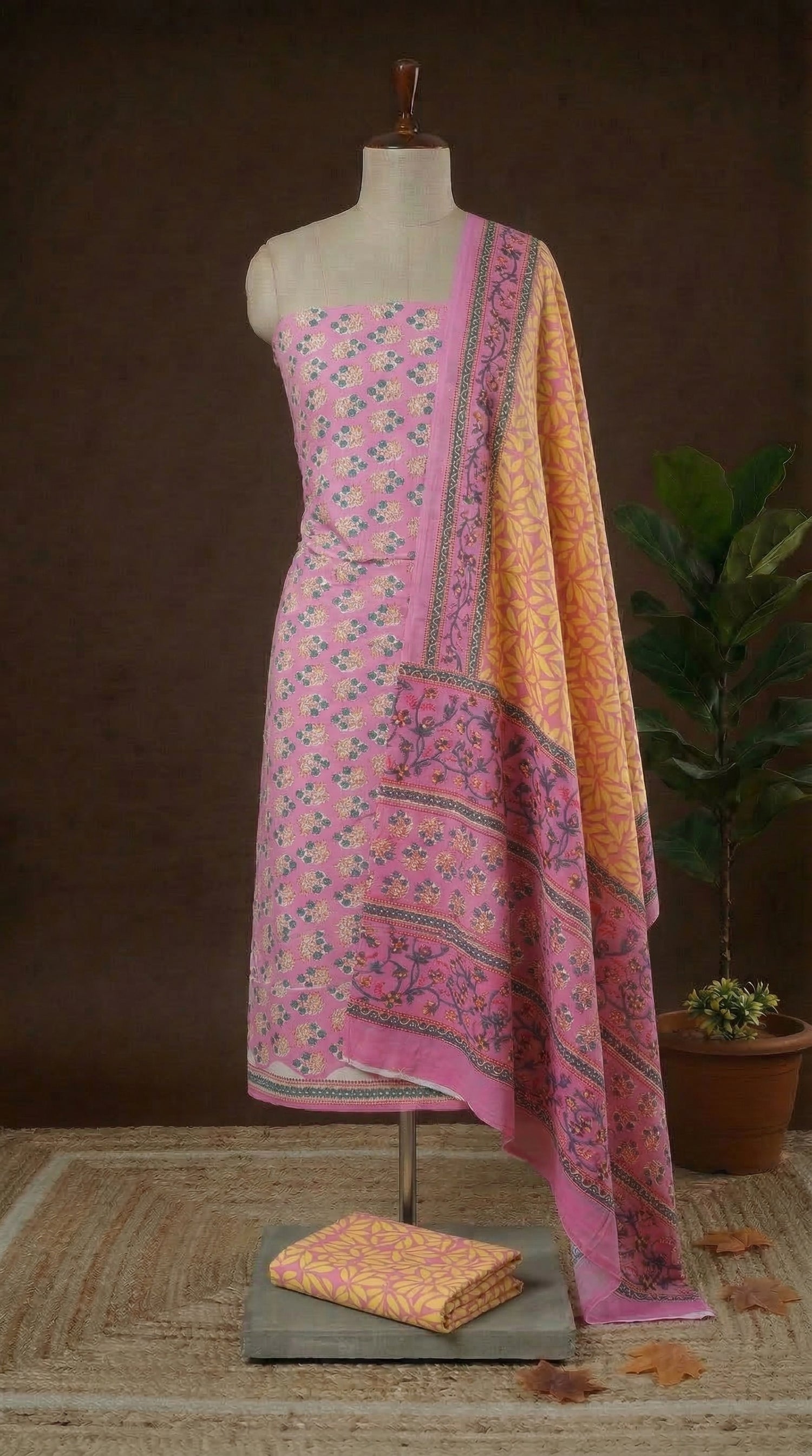 Pink Cotton Dress Material with Green & Light Yellow Floral Prints