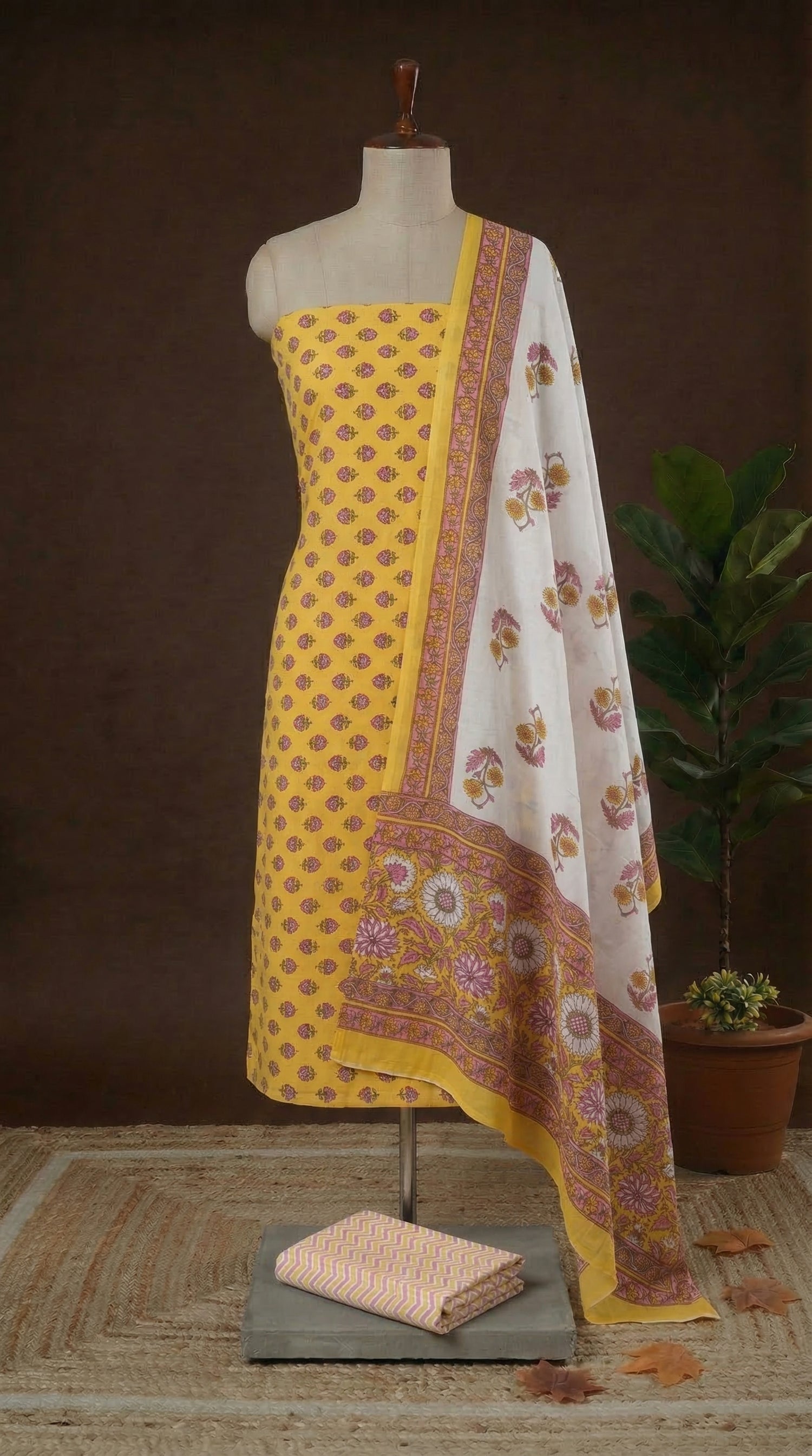 Mango Yellow with Pink and Green flower cotton dress material